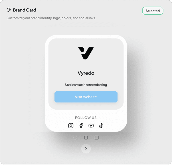 Vyredo brand card settings with logo and colours on a wedding film gallery