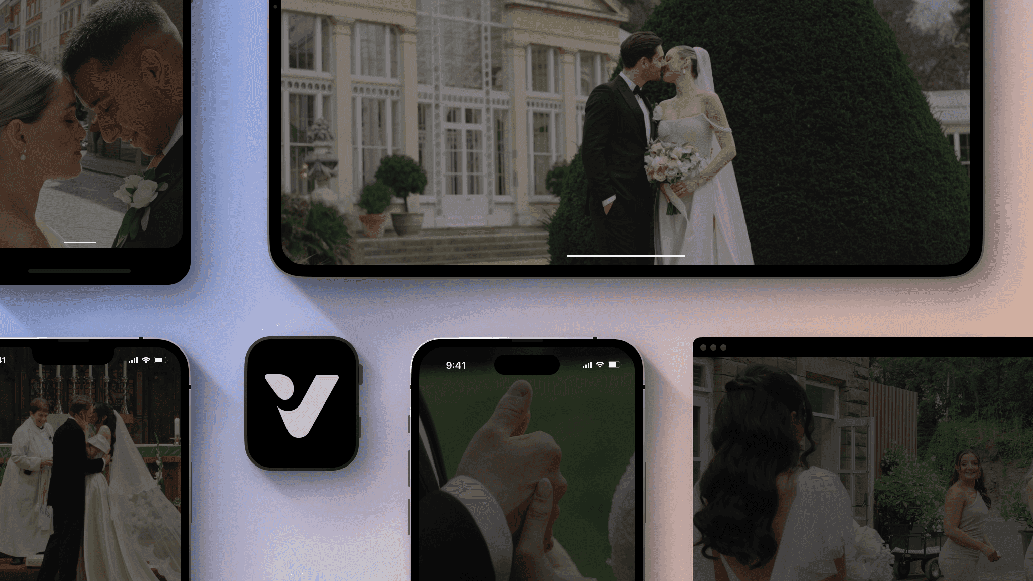 Responsive Vyredo wedding film gallery on desktop, tablet, and mobile
