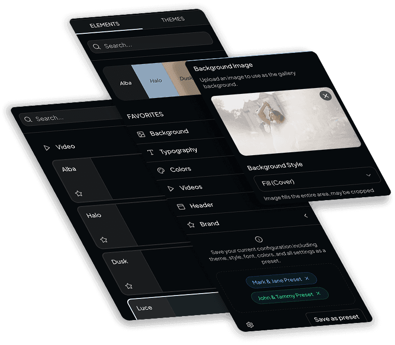 Vyredo gallery theme editor with typography and colour controls for wedding films