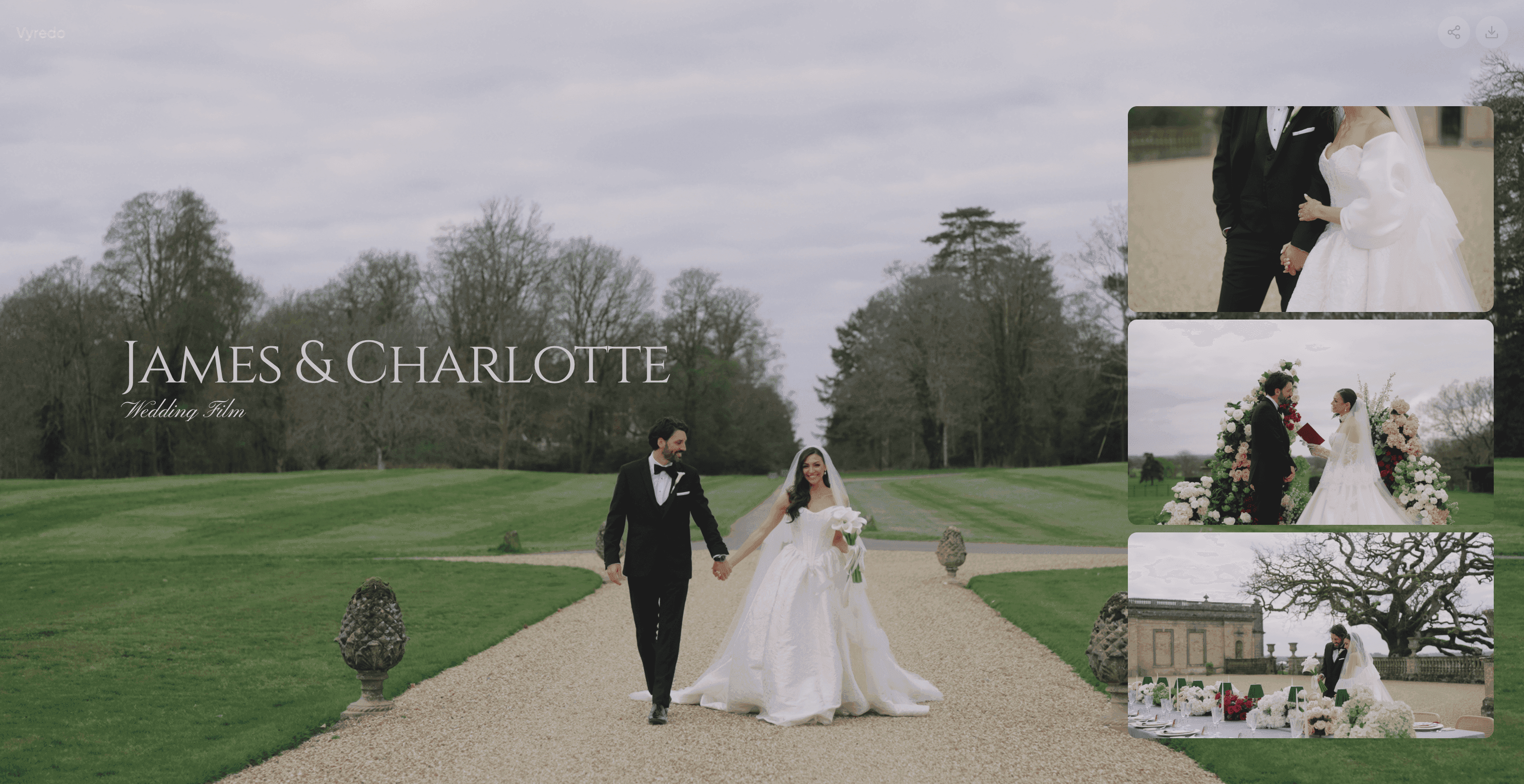 Vyredo branded wedding film gallery for James and Charlotte on desktop